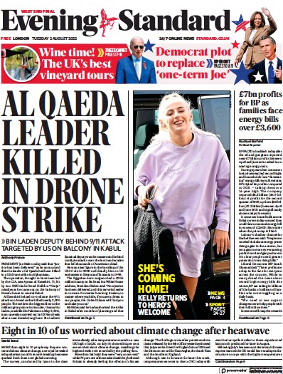 London Evening Standard Newspaper Front Page (UK) for 3 August 2022