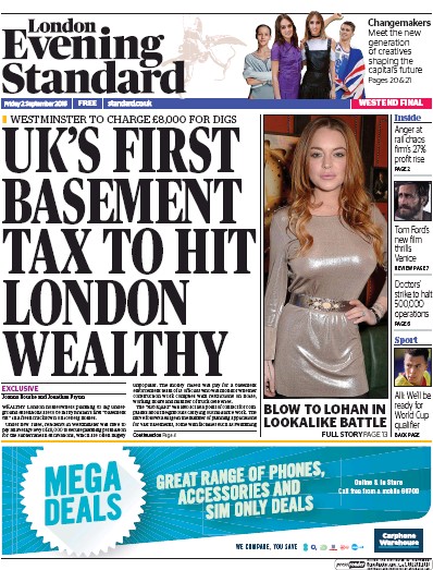 London Evening Standard Newspaper Front Page (UK) for 3 September 2016
