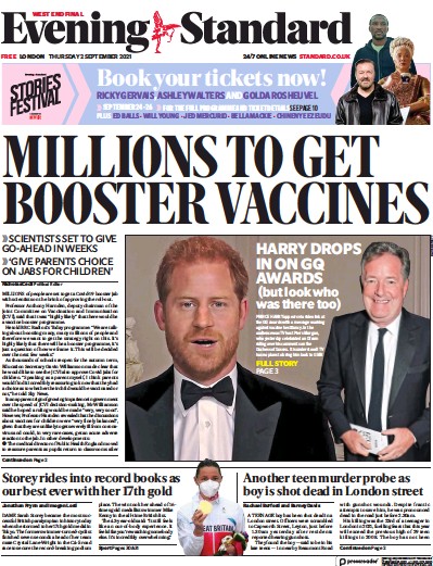 London Evening Standard Newspaper Front Page (UK) for 3 September 2021