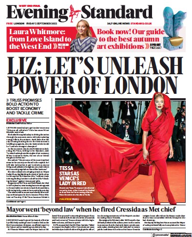 London Evening Standard Newspaper Front Page (UK) for 3 September 2022