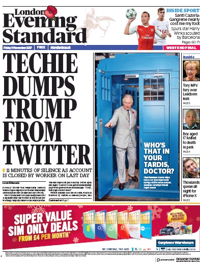 London Evening Standard Newspaper Front Page (UK) for 4 November 2017