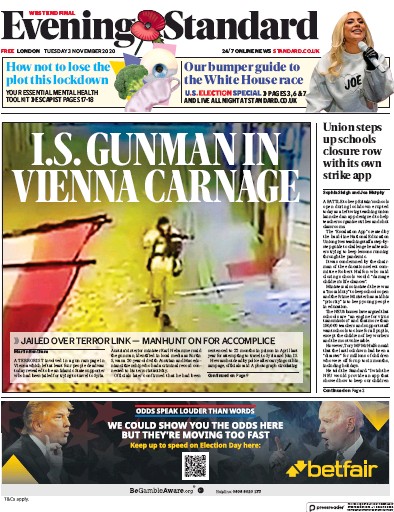 London Evening Standard Newspaper Front Page (UK) for 4 November 2020