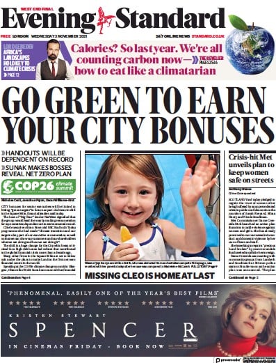 London Evening Standard Newspaper Front Page (UK) for 4 November 2021