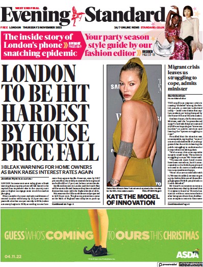 London Evening Standard Newspaper Front Page (UK) for 4 November 2022