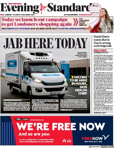 London Evening Standard Newspaper Front Page (UK) for 4 December 2020