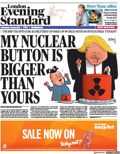 London Evening Standard Newspaper Front Page (UK) for 4 January 2018