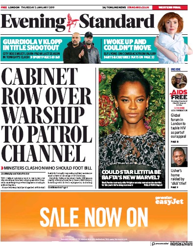 London Evening Standard Newspaper Front Page (UK) for 4 January 2019