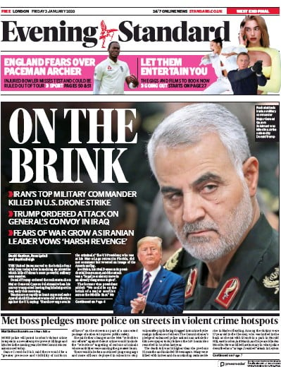 London Evening Standard Newspaper Front Page (UK) for 4 January 2020