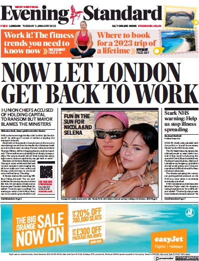 London Evening Standard Newspaper Front Page (UK) for 4 January 2023