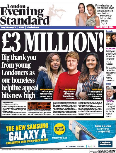 London Evening Standard Newspaper Front Page (UK) for 4 February 2017
