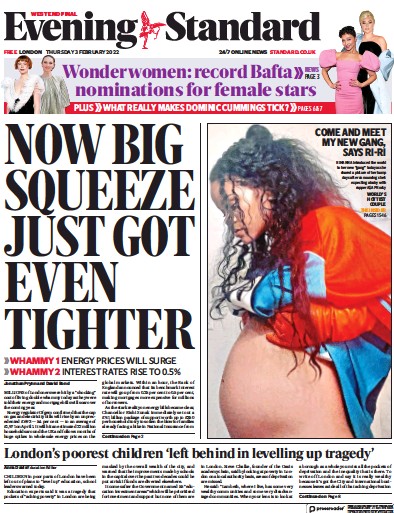 London Evening Standard Newspaper Front Page (UK) for 4 February 2022