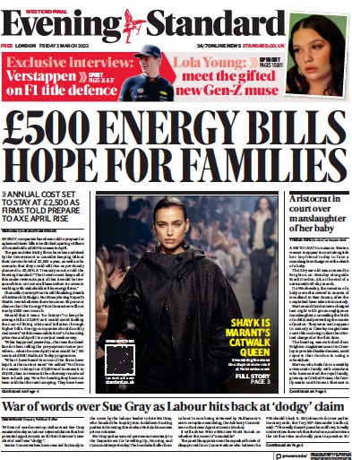 London Evening Standard Newspaper Front Page (UK) for 4 March 2023