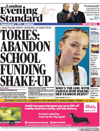 London Evening Standard Newspaper Front Page (UK) for 4 May 2017