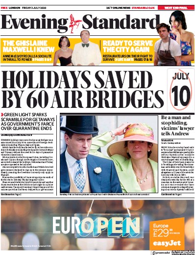 London Evening Standard Newspaper Front Page (UK) for 4 July 2020