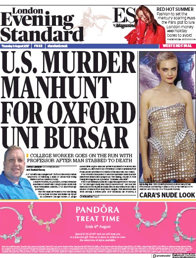 London Evening Standard Newspaper Front Page (UK) for 4 August 2017
