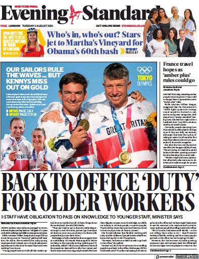 London Evening Standard Newspaper Front Page (UK) for 4 August 2021