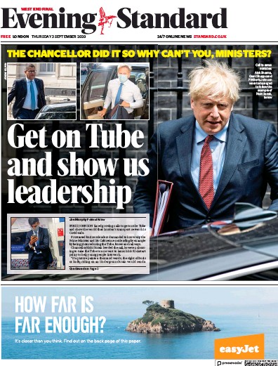 London Evening Standard Newspaper Front Page (UK) for 4 September 2020