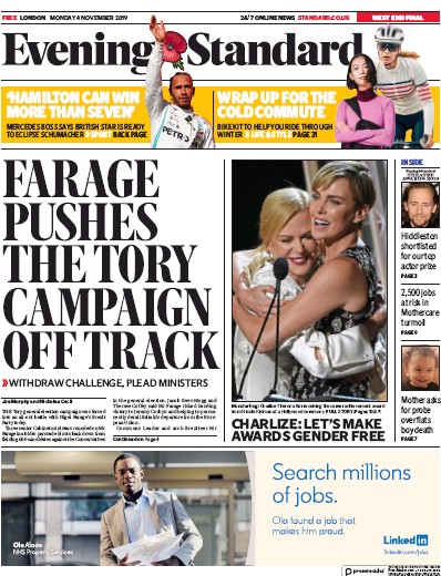 London Evening Standard (UK) Front Page for 5 November 2019 | Paperboy ...