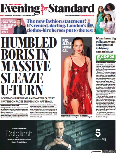 London Evening Standard Newspaper Front Page (UK) for 5 November 2021