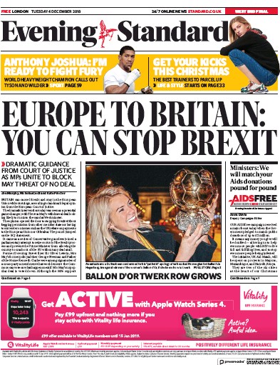 London Evening Standard Newspaper Front Page (UK) for 5 December 2018