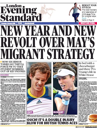 London Evening Standard Newspaper Front Page (UK) for 5 January 2018