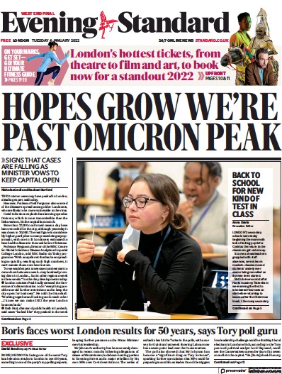 London Evening Standard Newspaper Front Page (UK) for 5 January 2022