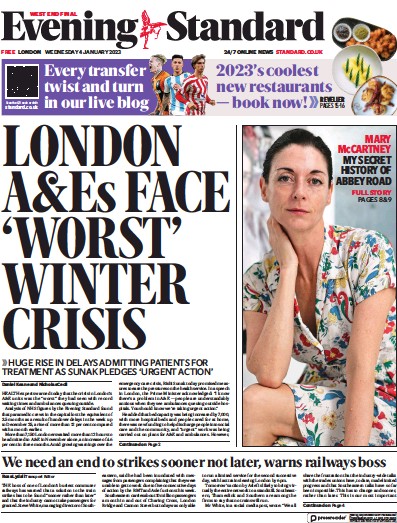 London Evening Standard Newspaper Front Page (UK) for 5 January 2023