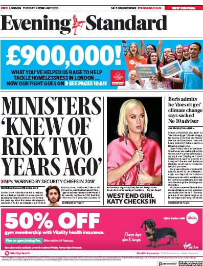 London Evening Standard Newspaper Front Page (UK) for 5 February 2020