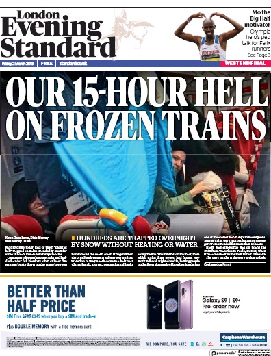 London Evening Standard Newspaper Front Page (UK) for 5 March 2018