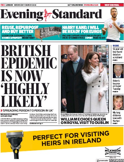 London Evening Standard Newspaper Front Page (UK) for 5 March 2020