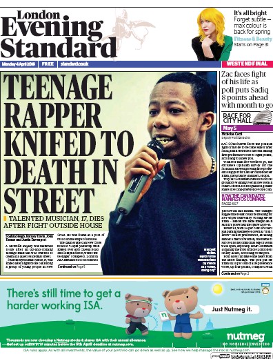 London Evening Standard Newspaper Front Page (UK) for 5 April 2016