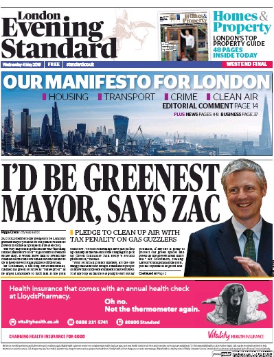 London Evening Standard Newspaper Front Page (UK) for 5 May 2016