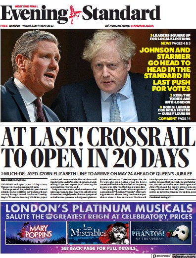 London Evening Standard Newspaper Front Page (UK) for 5 May 2022