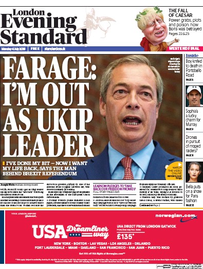 London Evening Standard Newspaper Front Page (UK) for 5 July 2016