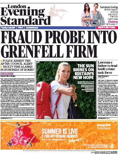 London Evening Standard Newspaper Front Page (UK) for 5 July 2017