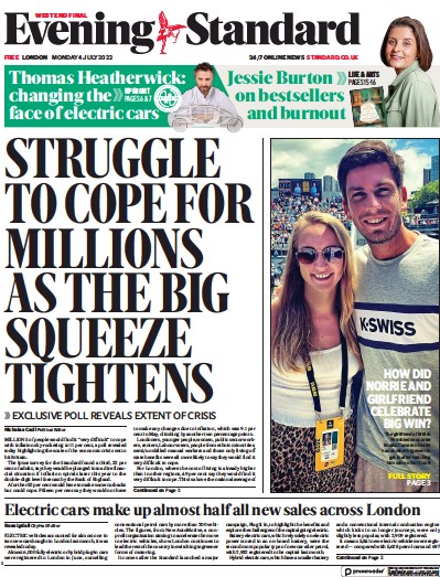 London Evening Standard Newspaper Front Page (UK) for 5 July 2022