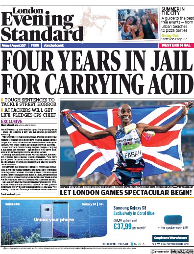 London Evening Standard Newspaper Front Page (UK) for 5 August 2017