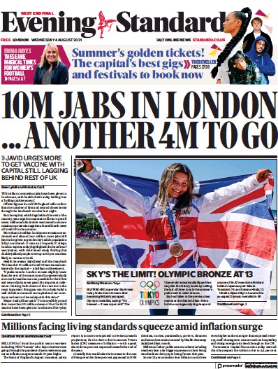 London Evening Standard Newspaper Front Page (UK) for 5 August 2021