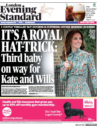 London Evening Standard Newspaper Front Page (UK) for 5 September 2017