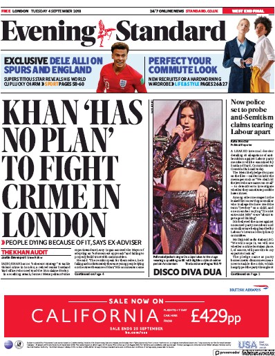 London Evening Standard Newspaper Front Page (UK) for 5 September 2018