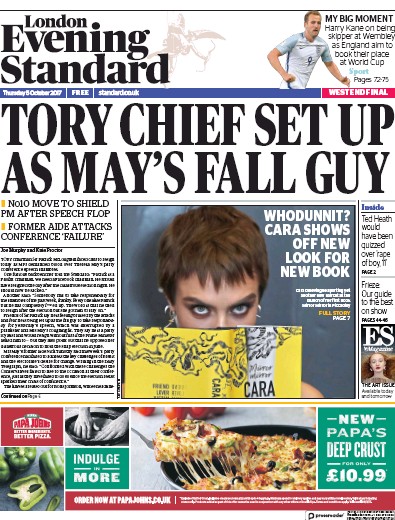 London Evening Standard Newspaper Front Page (UK) for 6 October 2017
