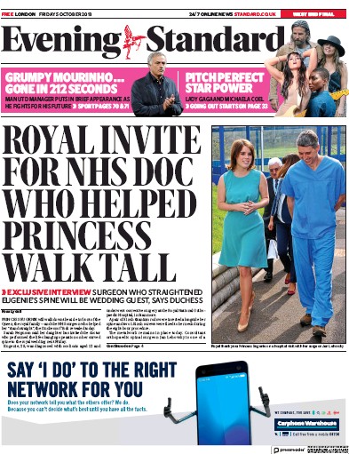 London Evening Standard Newspaper Front Page (UK) for 6 October 2018