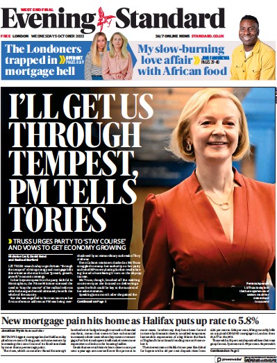 London Evening Standard Newspaper Front Page (UK) for 6 October 2022