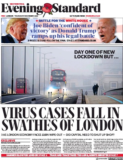 London Evening Standard Newspaper Front Page (UK) for 6 November 2020