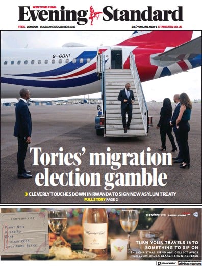 London Evening Standard Newspaper Front Page (UK) for 6 December 2023