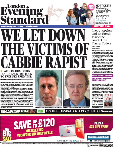 London Evening Standard Newspaper Front Page (UK) for 6 January 2018