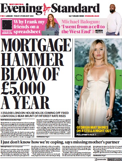 London Evening Standard Newspaper Front Page (UK) for 6 February 2023