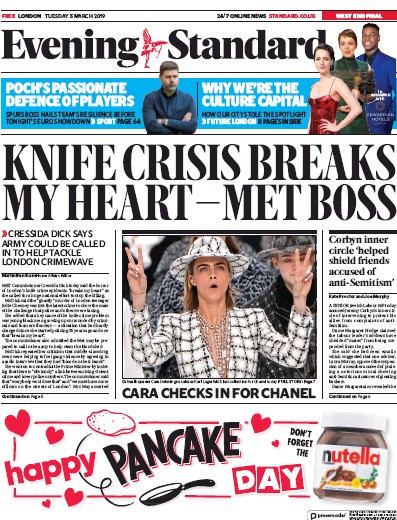 London Evening Standard Newspaper Front Page (UK) for 6 March 2019