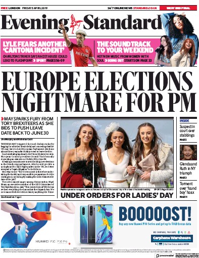 London Evening Standard Newspaper Front Page (UK) for 6 April 2019