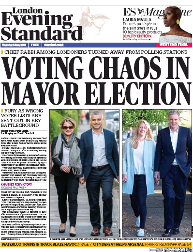 London Evening Standard Newspaper Front Page (UK) for 6 May 2016